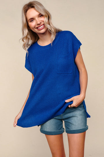 BLUE LOOSE FIT SOLID SWEATER KNIT TOP WITH POCKET