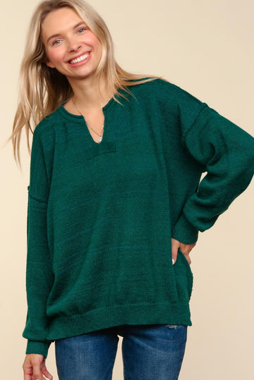 PLUS GREEN NOTCHED NECK OVERSIZED SWEATER KNIT HOLIDAY TOP