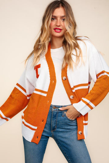 Orange V Neck Button Down Pop Up Letter Patch Sweater