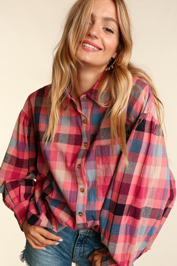 Plus Mauve Woven Washed Plaid Oversized Top With Pockets