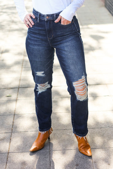 Judy Blue Dark Wash Mid Rise Distressed Straight Leg Jeans (Open Pack)