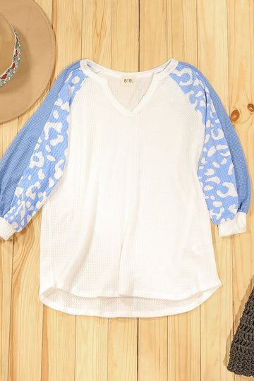 Ivory Waffle Fabric Blue Animal Sleeve Top