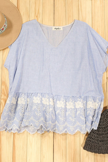 Plus Blue Pin Stripe Embroidered Hem Blouse (1-2-2)