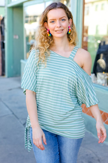Plus Sage Ivory Stripe One Shoulder Banded Dolman Top