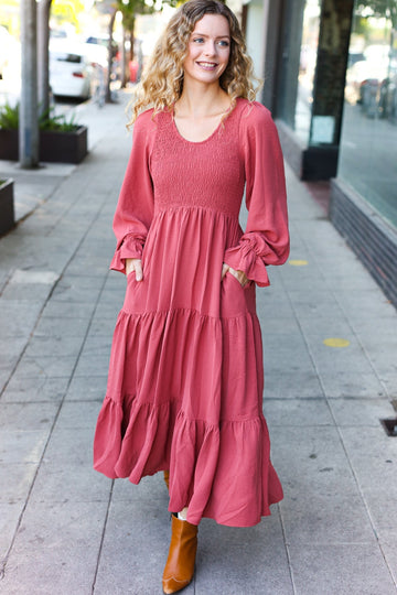 Beautiful You Lock Eyes Marsala Smocked Ruffle Sleeve Maxi Dress (Open Pack)