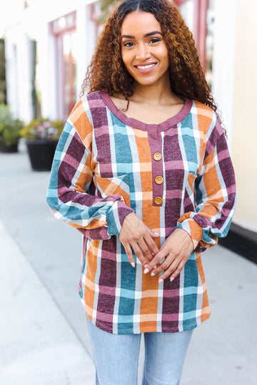 Adorable In Plaid French Terry Henley Pocket Top (Open Pack)