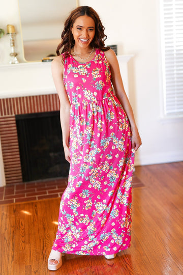 Pink Floral Print Fit and Flare Sleeveless Maxi Dress (Open Pack)