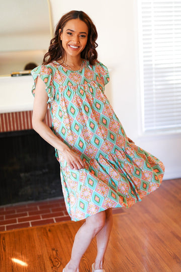 Mint Geo Boho Print Yoke Poplin Woven Dress (Open Pack)