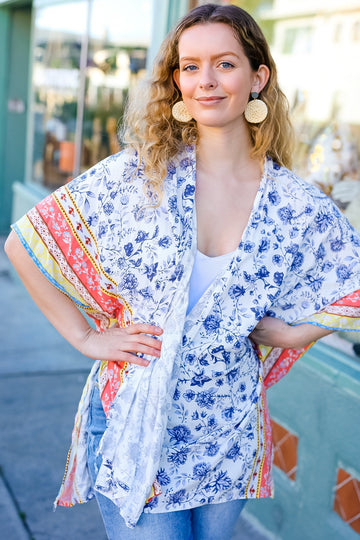 Plus Ivory Boho Floral Elbow Length Kimono