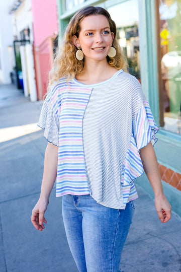 Denim & Heather Grey Multi Color Stripe Flutter Short Sleeve Top