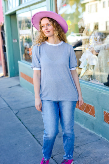 Denim Two Tone Jacquard Bubble Short Sleeve Top