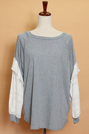 Grey Pointelle Lace Sleeve Sweater (5pc)