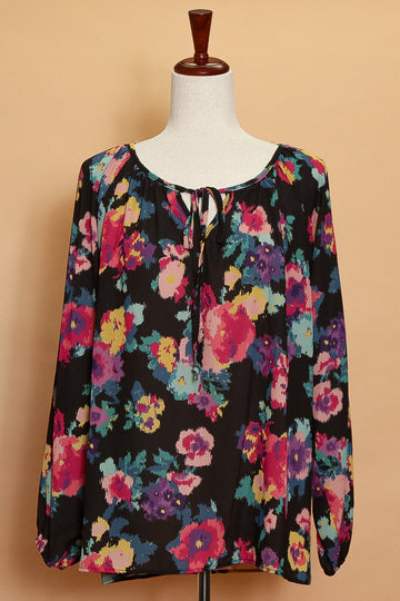 Black Floral Tie Front Blouse