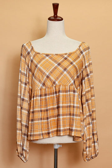 Plus Pumpkin Plaid Peasant Blouse