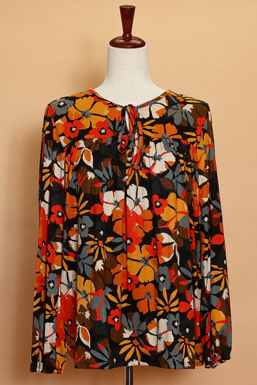 Black/Orange Tie Front Draping Floral Blouse