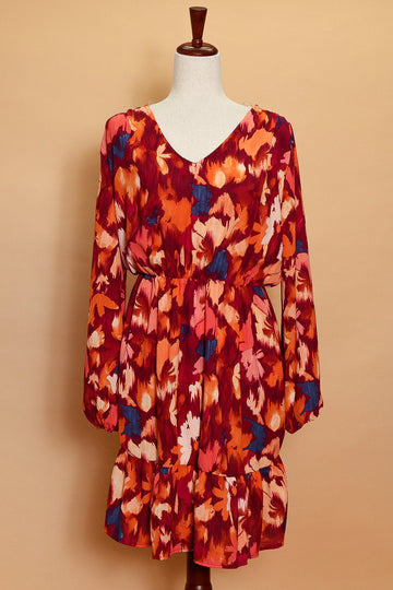 Abstract Floral Cinch Waist Autumn Dress