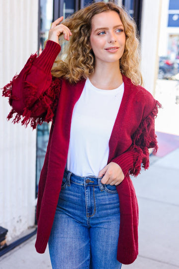 Beautiful You Burgundy Fringe Detail Knit Cardigan (Open Pack)