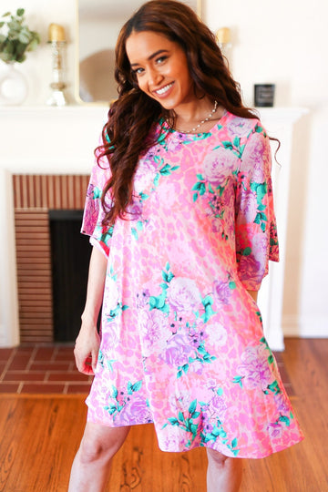 Pink Floral & Animal Print Bell Sleeve Dress (Open Pack)