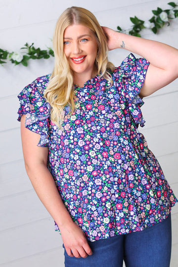 Navy Floral Mock Neck Flutter Sleeve Top (Open Pack)