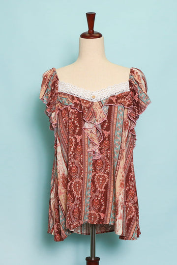 Crochet Brown and Teal Print Blouse