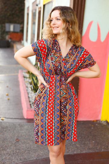 Orange Red Boho Paisley Surplice V Neck Pocketed Dress