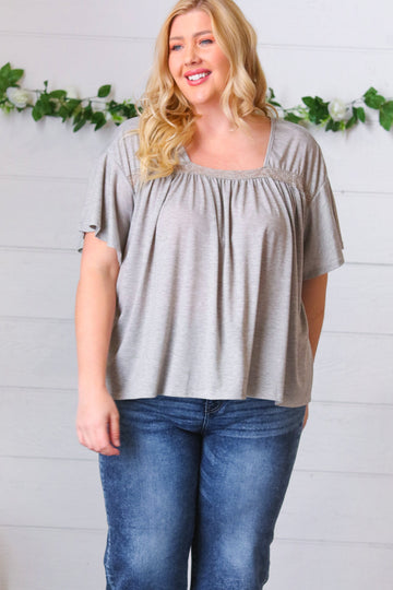 Grey Tie Back Crochet Square Neck Top (Open Pack)