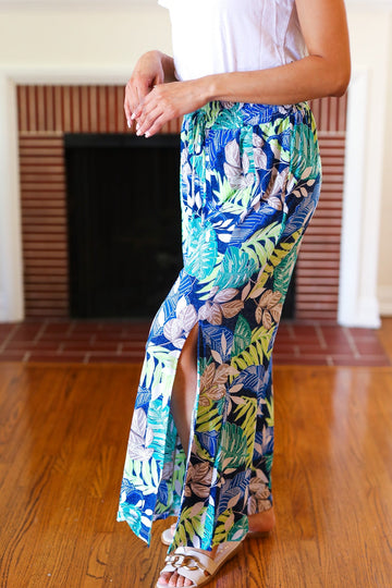 Tropical Boho Smocked Waist Side Slit Palazzo Pants (Open Pack)