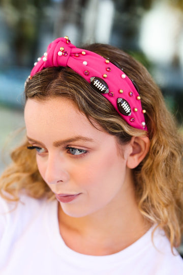 Fuchsia Stone & Gem Football Embellished Top Knot Headband (Open Pack)