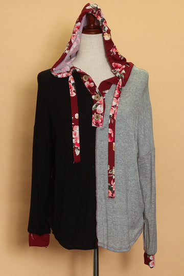 Black/Grey Floral Trim Hoodie
