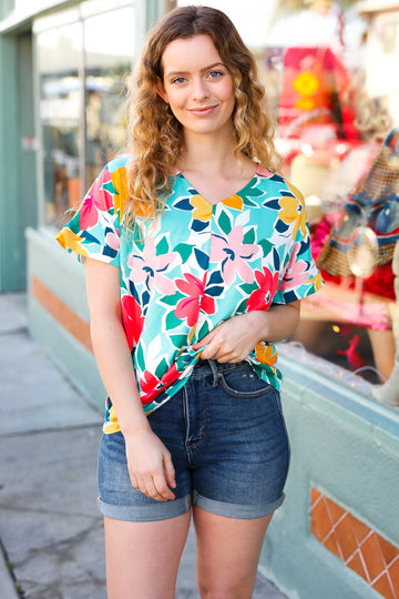 Teal & Coral Flat Floral V Neck Top (Open Pack)