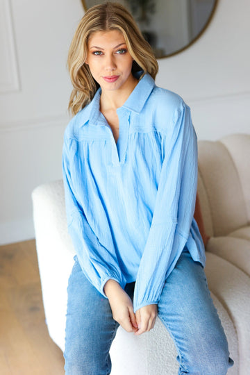 All Of Me Blue Collared Notched Neckline Cotton Top (Open Pack)