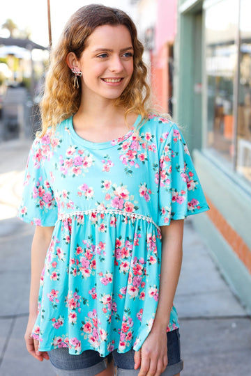 Sky Blue Three-Quarter Sleeve Floral Peplum Babydoll Top (Open Pack)