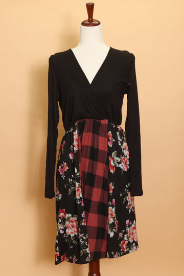Black Plaid Floral Surplice Dress (4pc)