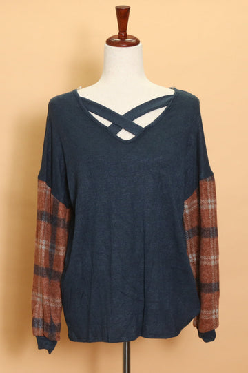 Denim Blue Plaid Sleeve Sweater (4pc)