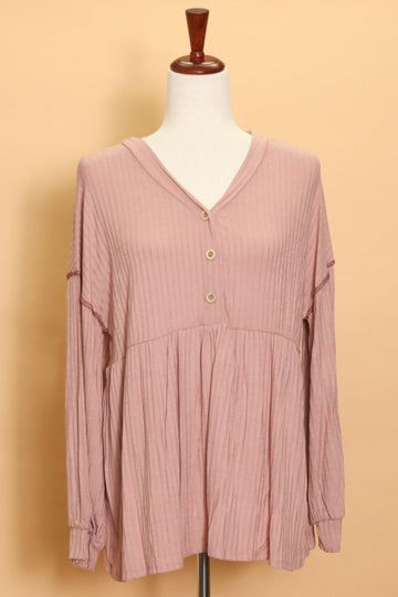 Mauve Ribbed Babydoll Button Blouse (4pc)
