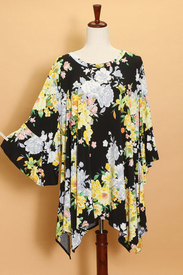 Black Floral Bell Sleeve Blouse