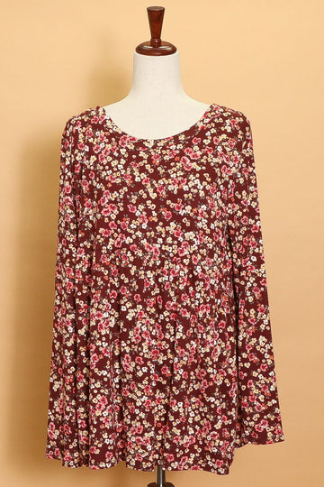 Plus Wine Floral Babydoll Blouse (5pc)
