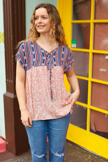 Navy Coral Dolman Crinkle Boho Key Hole String Blouse