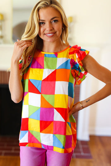 You Got This Red Geometric Print Double Ruffle Sleeve Top (Open Pack)