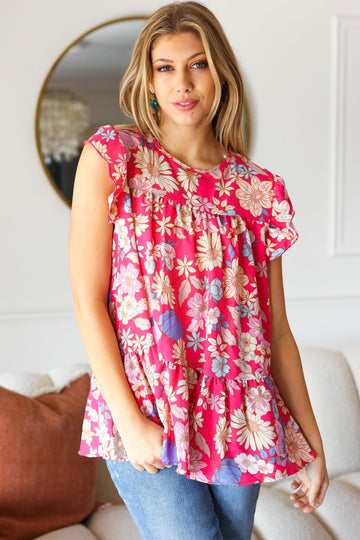 Fuchsia Floral Yoke Flutter Sleeve Back Neck Button Top (Open Pack)