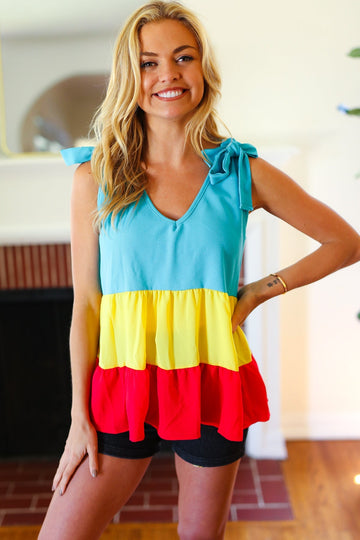 Multicolor Tiered Shoulder Tie Bow Crepe Top (Open Pack)