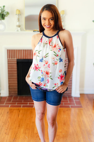 Plus Floral Border Print Halter Neck Top