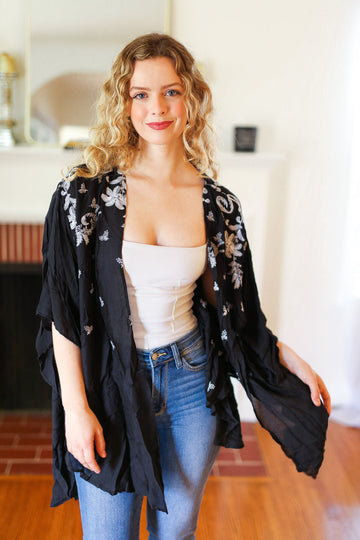 Plus Black Embroidered Kimono
