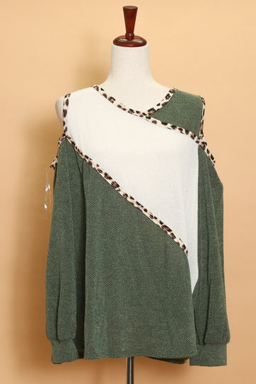 Plus Olive Open Shoulder Animal Trim Sweater