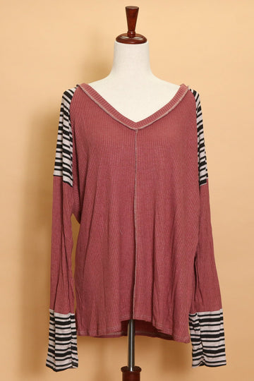 Plus Exposed Seam Stripe Detail Ribbed Top