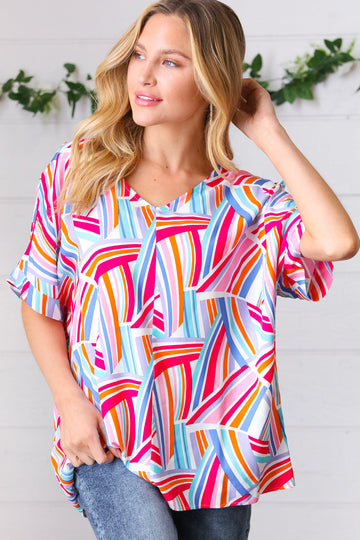 Blue & Fuchsia Geometric Print Woven Top (Open Pack)