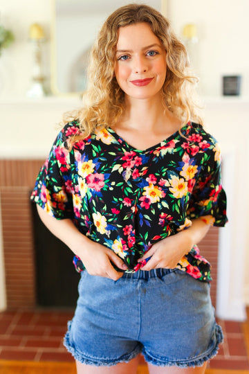 Plus Black Floral Bell Sleeve Blouse