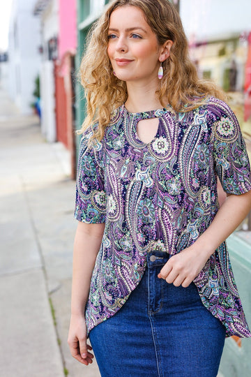 Bold & Sassy Navy Floral Paisley Front Keyhole Tunic Top (Open Pack)