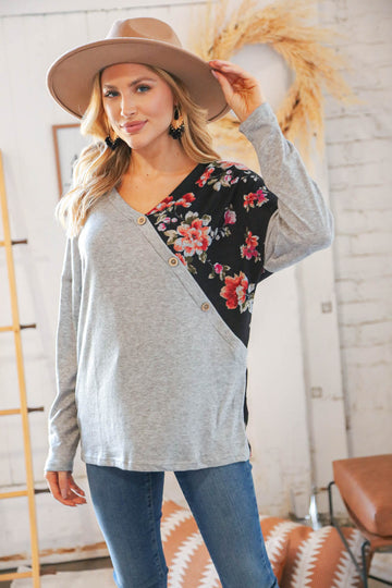 Grey & Black Floral Surplice Button Knit Top (Open Pack)