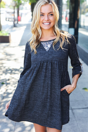 Charcoal Marled Animal Detail Pocketed Dress